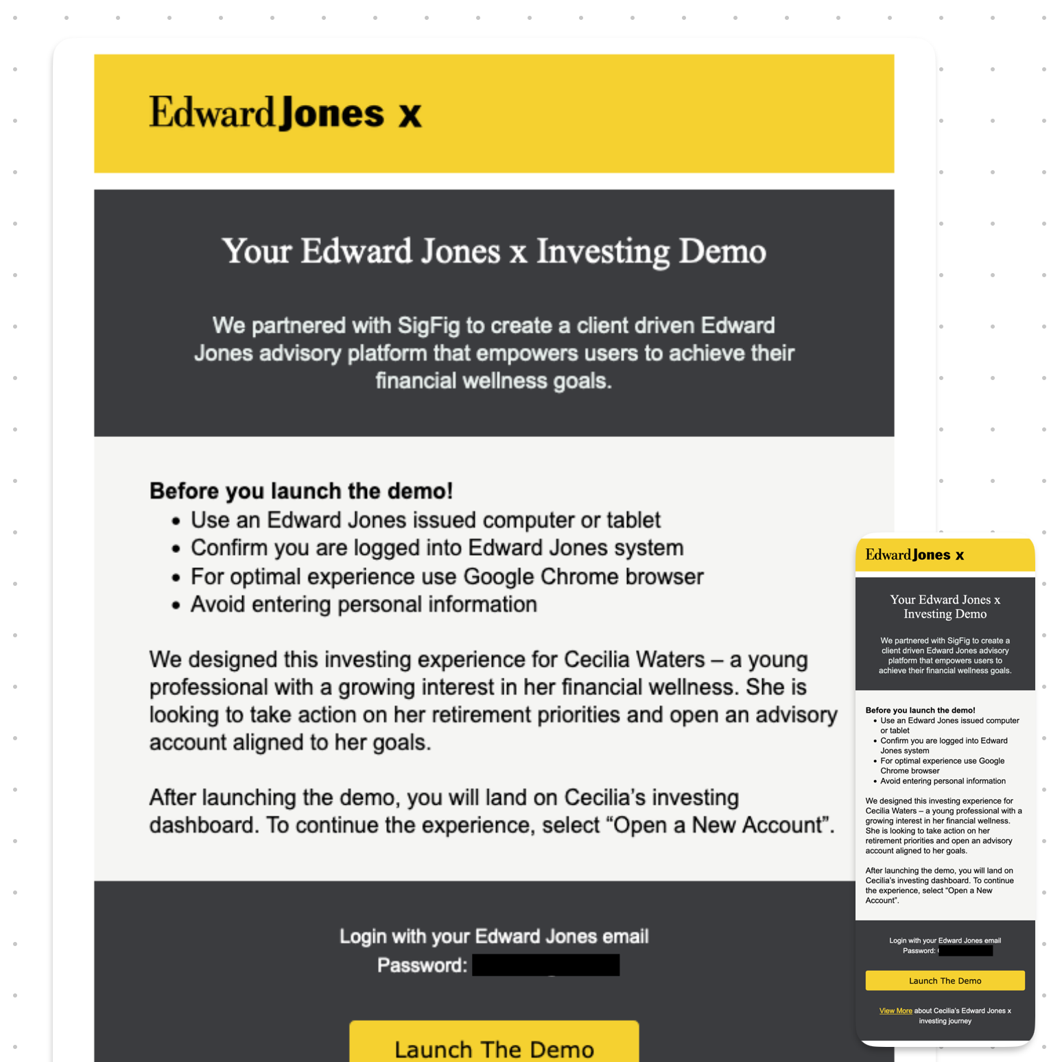 Edward Jones x—investing demo email invitation, design and coding